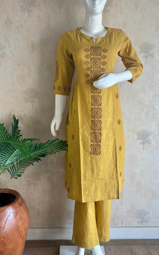 Yellow Handloom Cotton A-Line Kurta Set