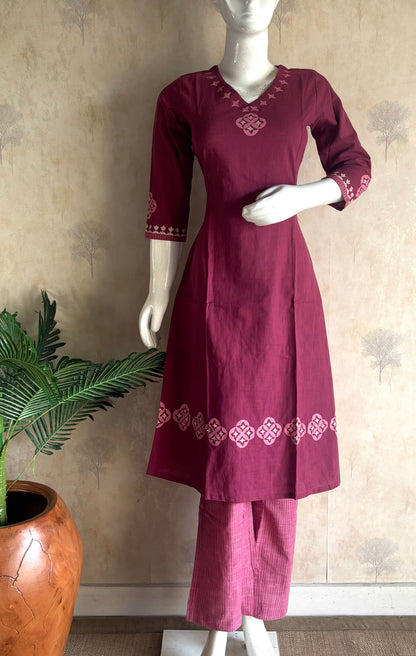 Wine Handloom Cotton A-Line Kurta Set