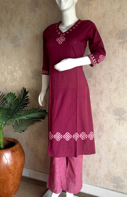 Wine Handloom Cotton A-Line Kurta Set