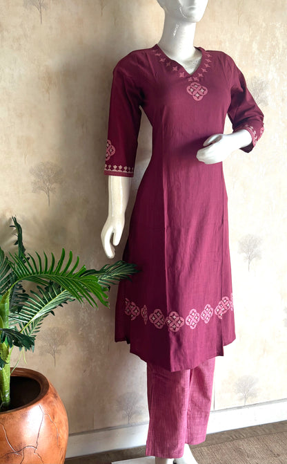 Wine Handloom Cotton A-Line Kurta Set
