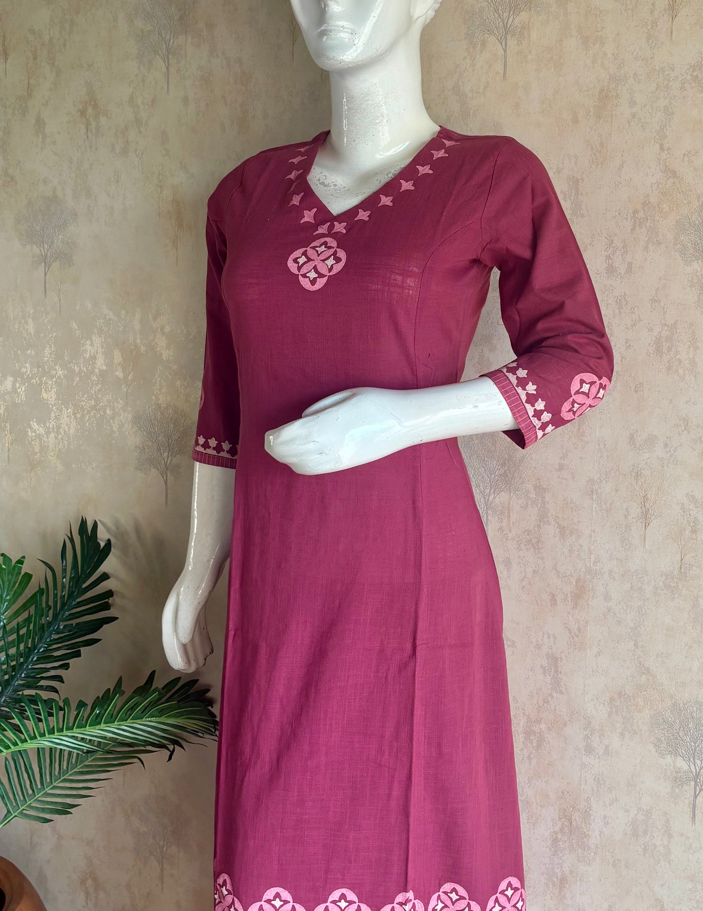 Wine Handloom Cotton A-Line Kurta Set