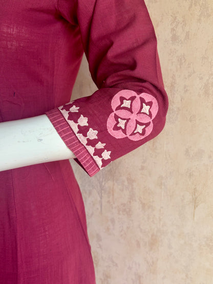 Wine Handloom Cotton A-Line Kurta Set