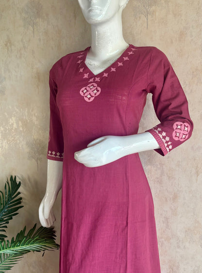 Wine Handloom Cotton A-Line Kurta Set