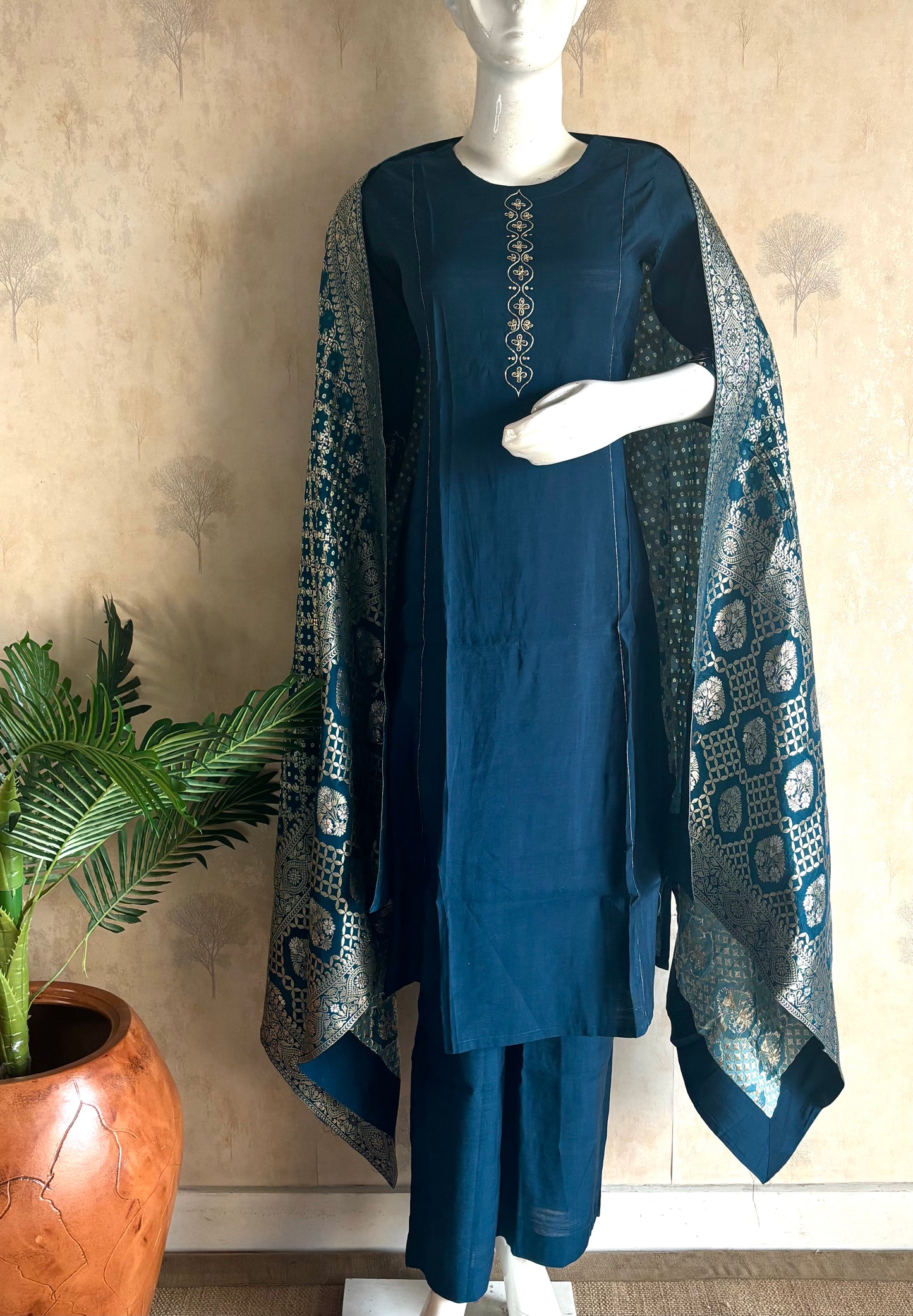 Teal Blue Silk A-Line Kurta Set
