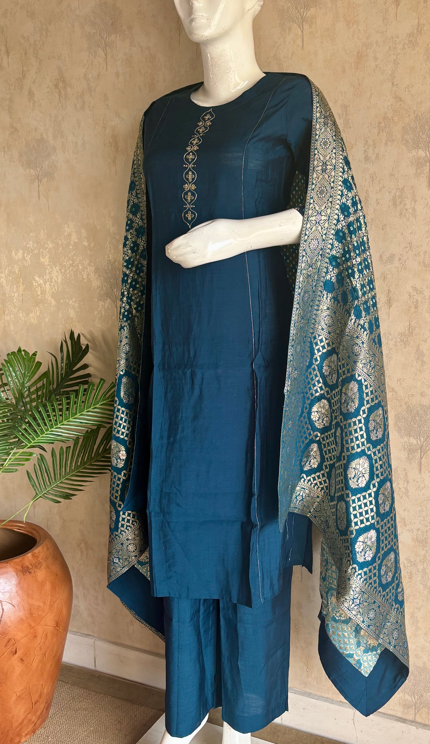 Teal Blue Silk A-Line Kurta Set