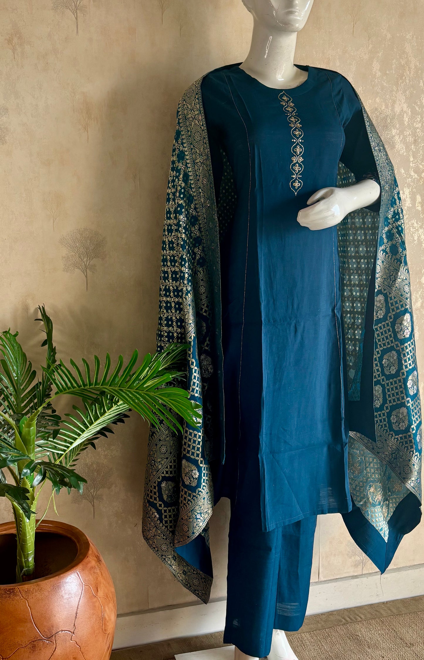 Teal Blue Silk A-Line Kurta Set