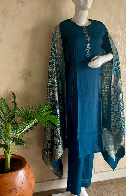 Teal Blue Silk A-Line Kurta Set