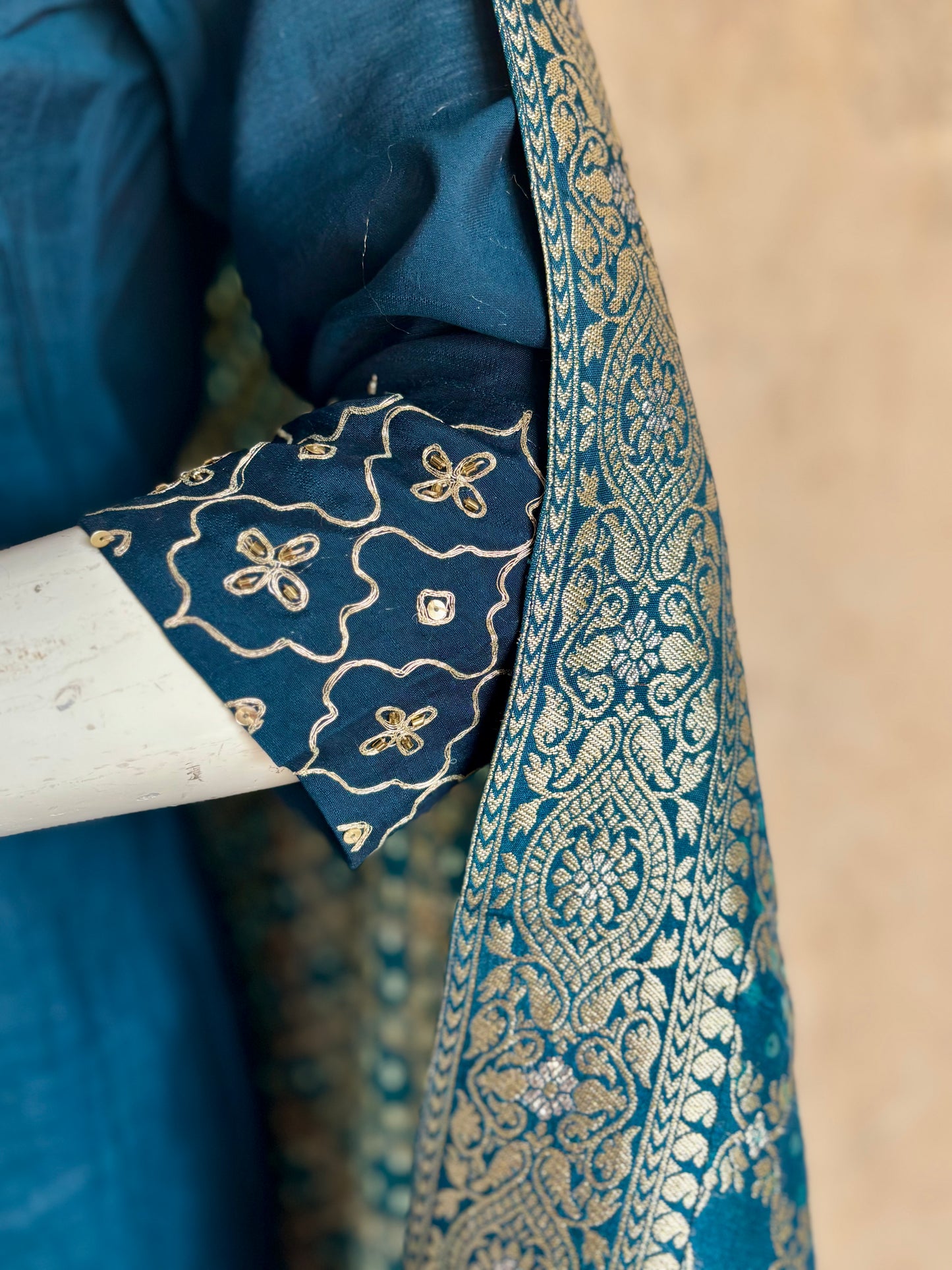 Teal Blue Silk A-Line Kurta Set