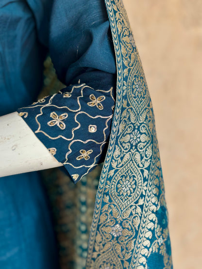 Teal Blue Silk A-Line Kurta Set