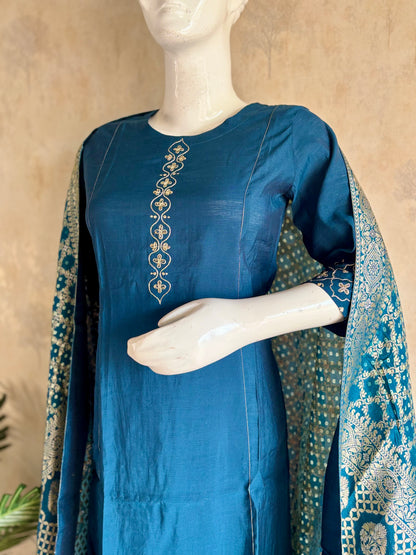 Teal Blue Silk A-Line Kurta Set