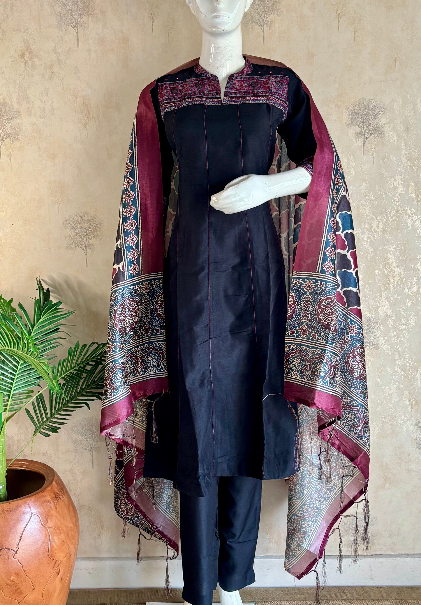 Silk A-Line Kurta Set with Ajrakh Handblock Panel