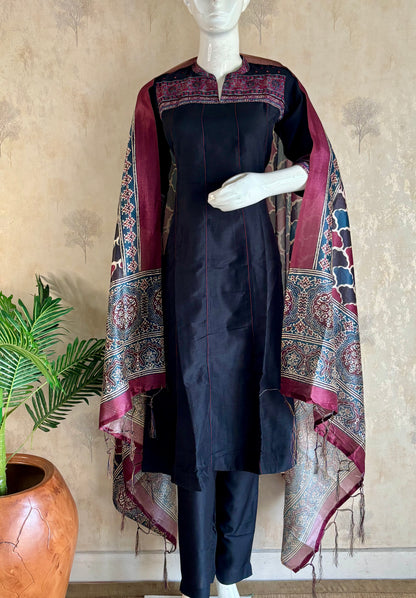Silk A-Line Kurta Set with Ajrakh Handblock Panel