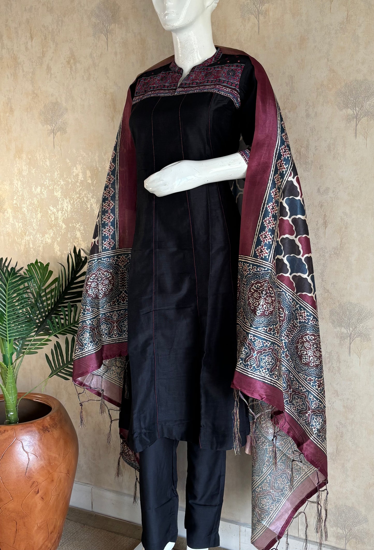 Silk A-Line Kurta Set with Ajrakh Handblock Panel