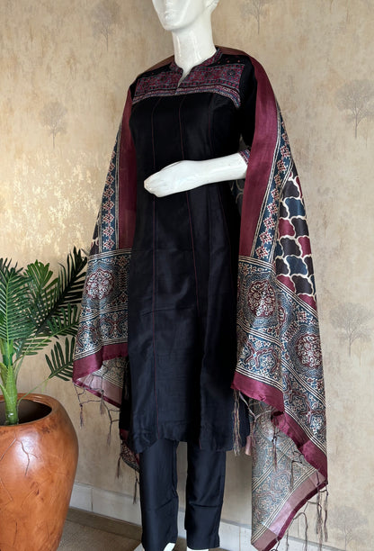 Silk A-Line Kurta Set with Ajrakh Handblock Panel