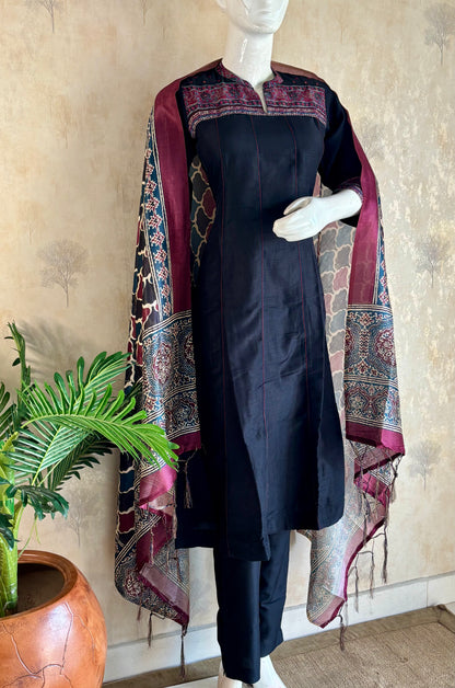 Silk A-Line Kurta Set with Ajrakh Handblock Panel