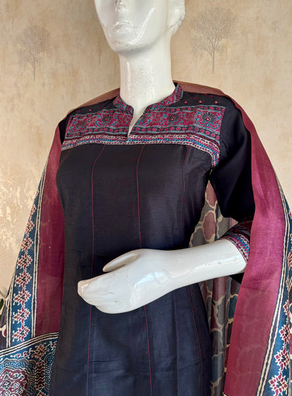 Silk A-Line Kurta Set with Ajrakh Handblock Panel
