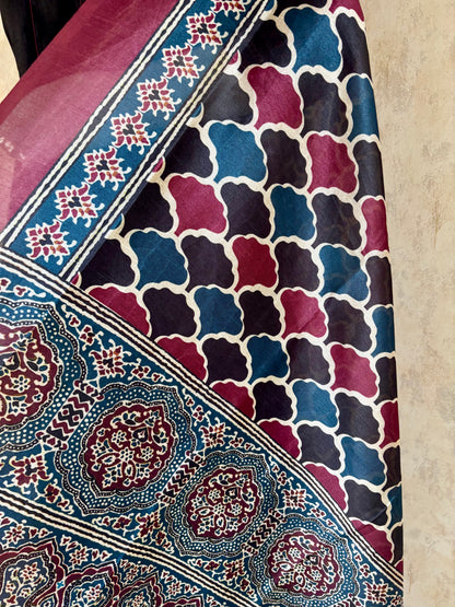 Silk A-Line Kurta Set with Ajrakh Handblock Panel