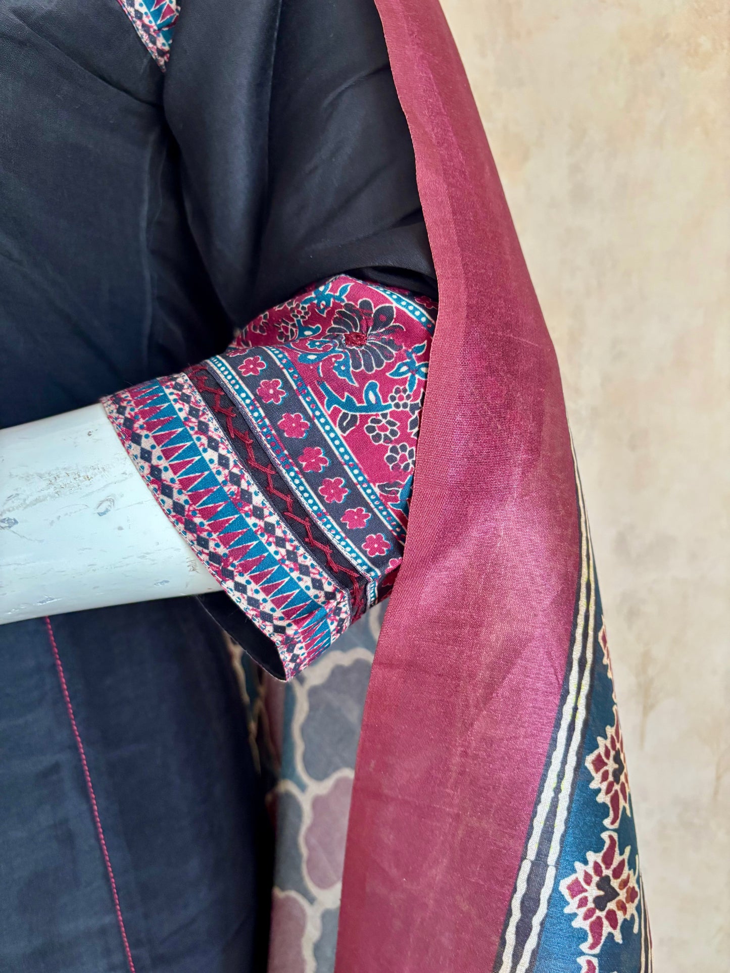 Silk A-Line Kurta Set with Ajrakh Handblock Panel