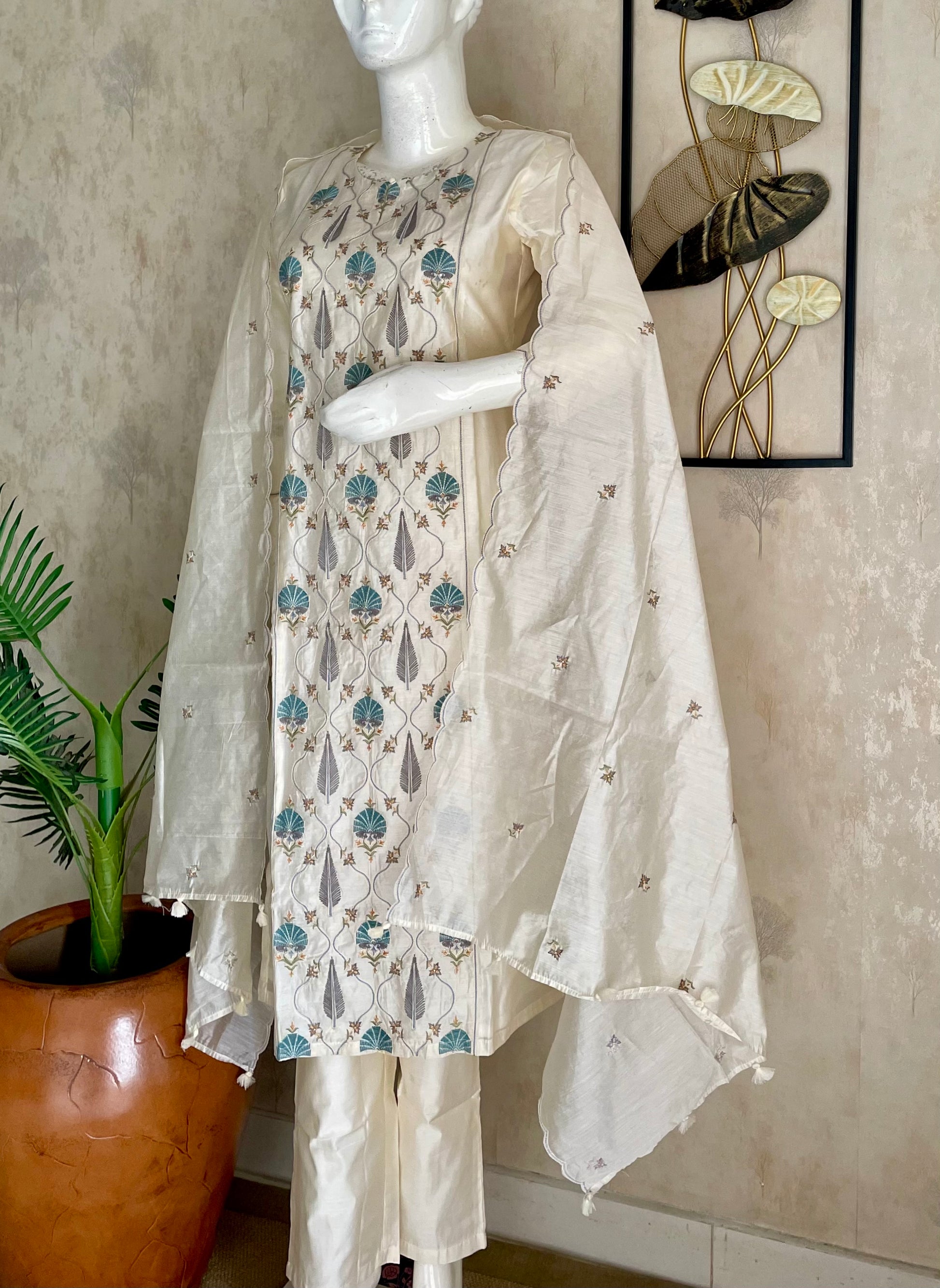 RaasRa Luminous Grace in Pearl White — Chanderi Silk Embroidered Kurta Set — view 2