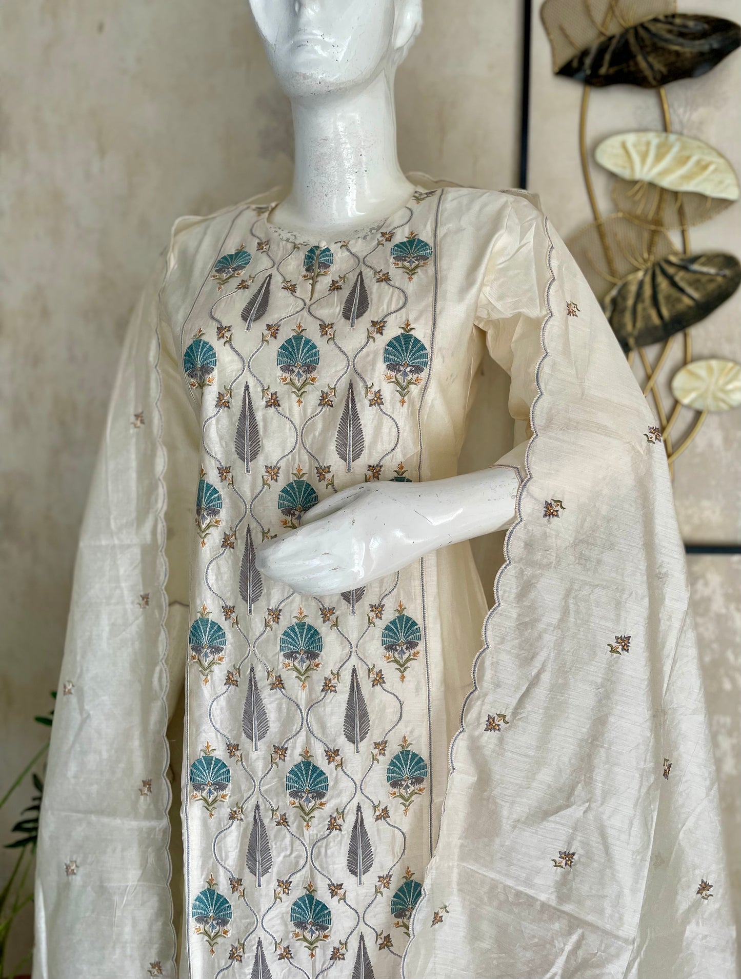 RaasRa Luminous Grace in Pearl White — Chanderi Silk Embroidered Kurta Set — view 4