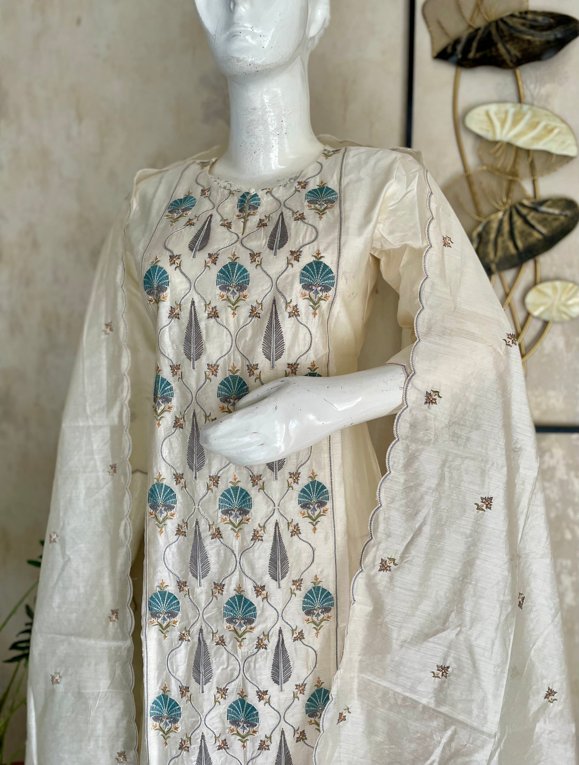RaasRa Luminous Grace in Pearl White — Chanderi Silk Embroidered Kurta Set — view 4