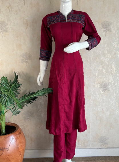 Cherry Red Silk A-Line Kurta Set
