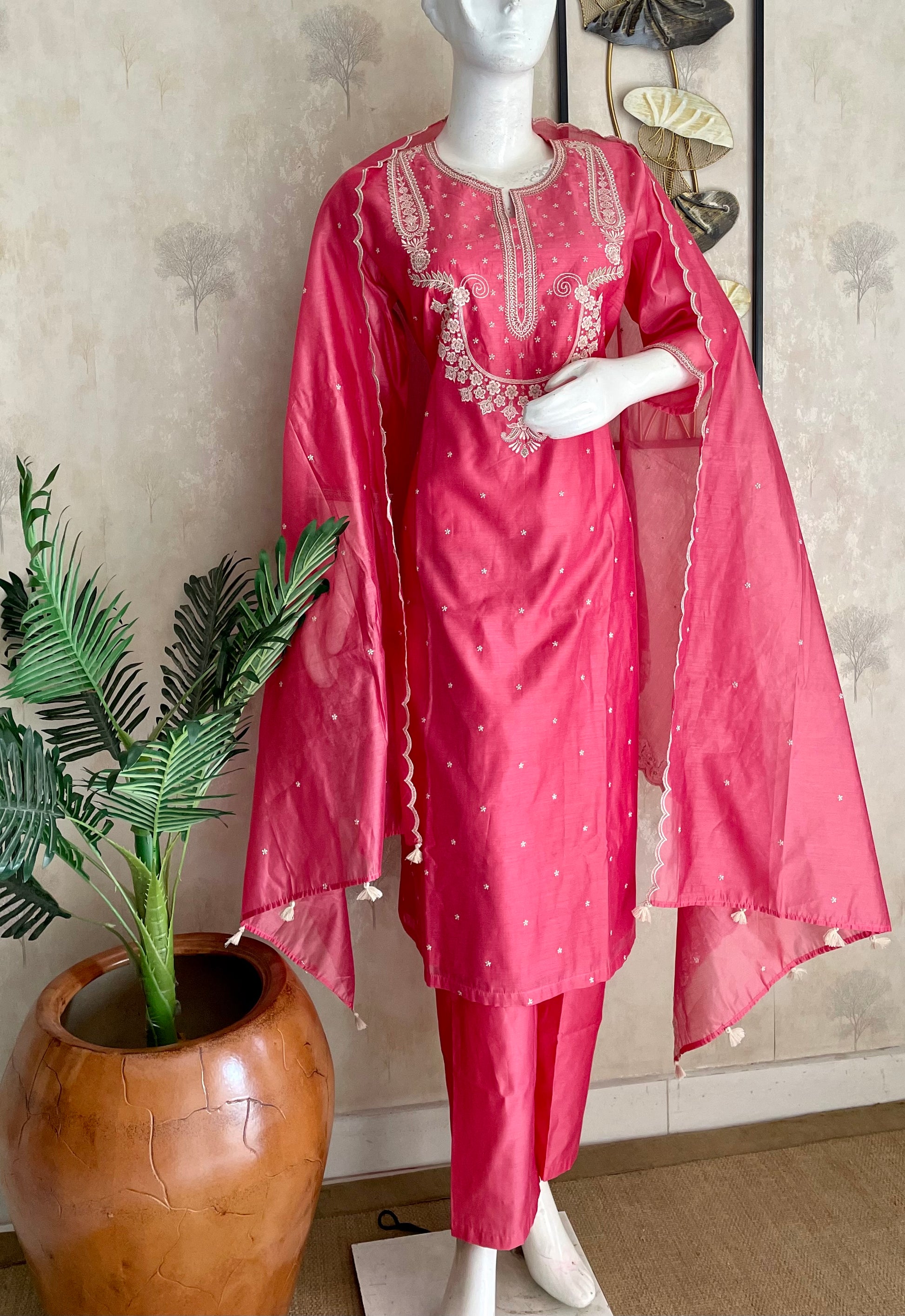 RaasRa pink Chanderi Silk embroidered kurta set with dupatta and pant