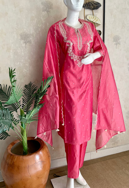 RaasRa Rose Petal Radiance — Pink Chanderi Silk Embroidered Kurta Set — view 2