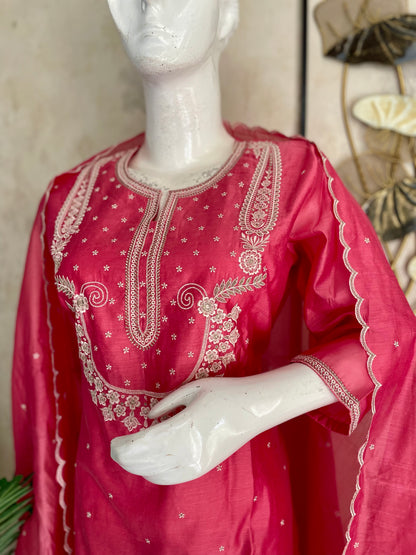 RaasRa Rose Petal Radiance — Pink Chanderi Silk Embroidered Kurta Set — view 3