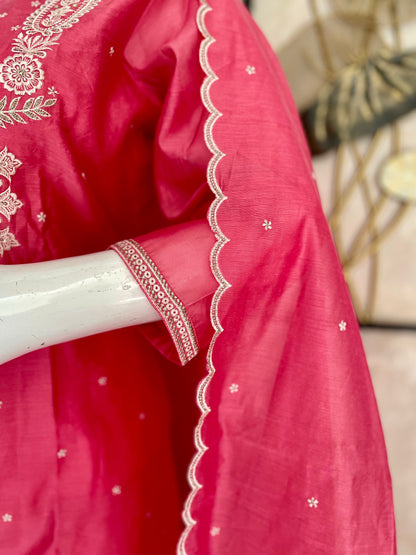 Rose Petal Radiance — Pink Chanderi Silk Embroidered Kurta Set