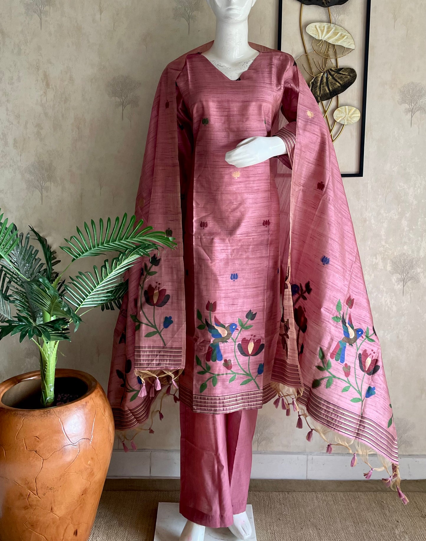 RaasRa pink Moonga Silk Paithani kurta set with floral dupatta
