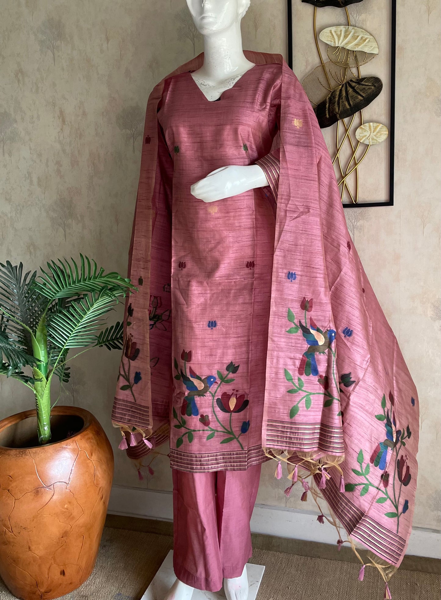 RaasRa Blooms in Blush — Pink Moonga Silk Paithani Kurta Set — view 2