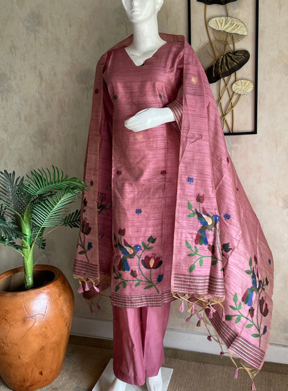 RaasRa Blooms in Blush — Pink Moonga Silk Paithani Kurta Set — view 2