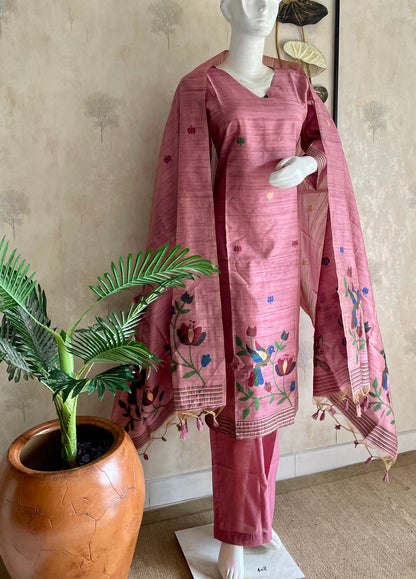 RaasRa Blooms in Blush — Pink Moonga Silk Paithani Kurta Set — view 3