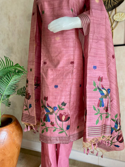 RaasRa Blooms in Blush — Pink Moonga Silk Paithani Kurta Set — view 4