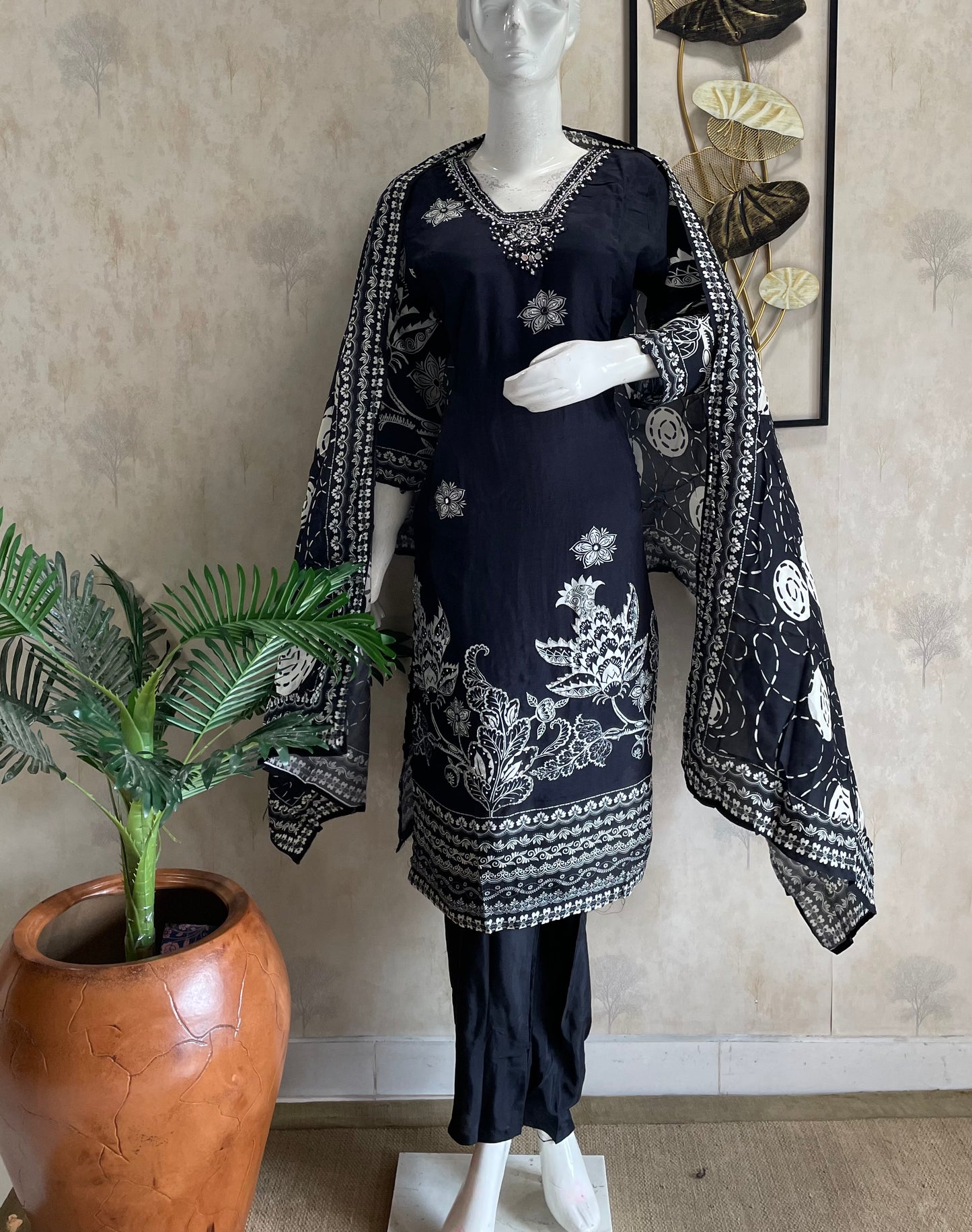 RaasRa black silk kurta set with white floral print and dupatta