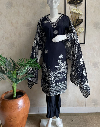 RaasRa black silk kurta set with white floral print and dupatta