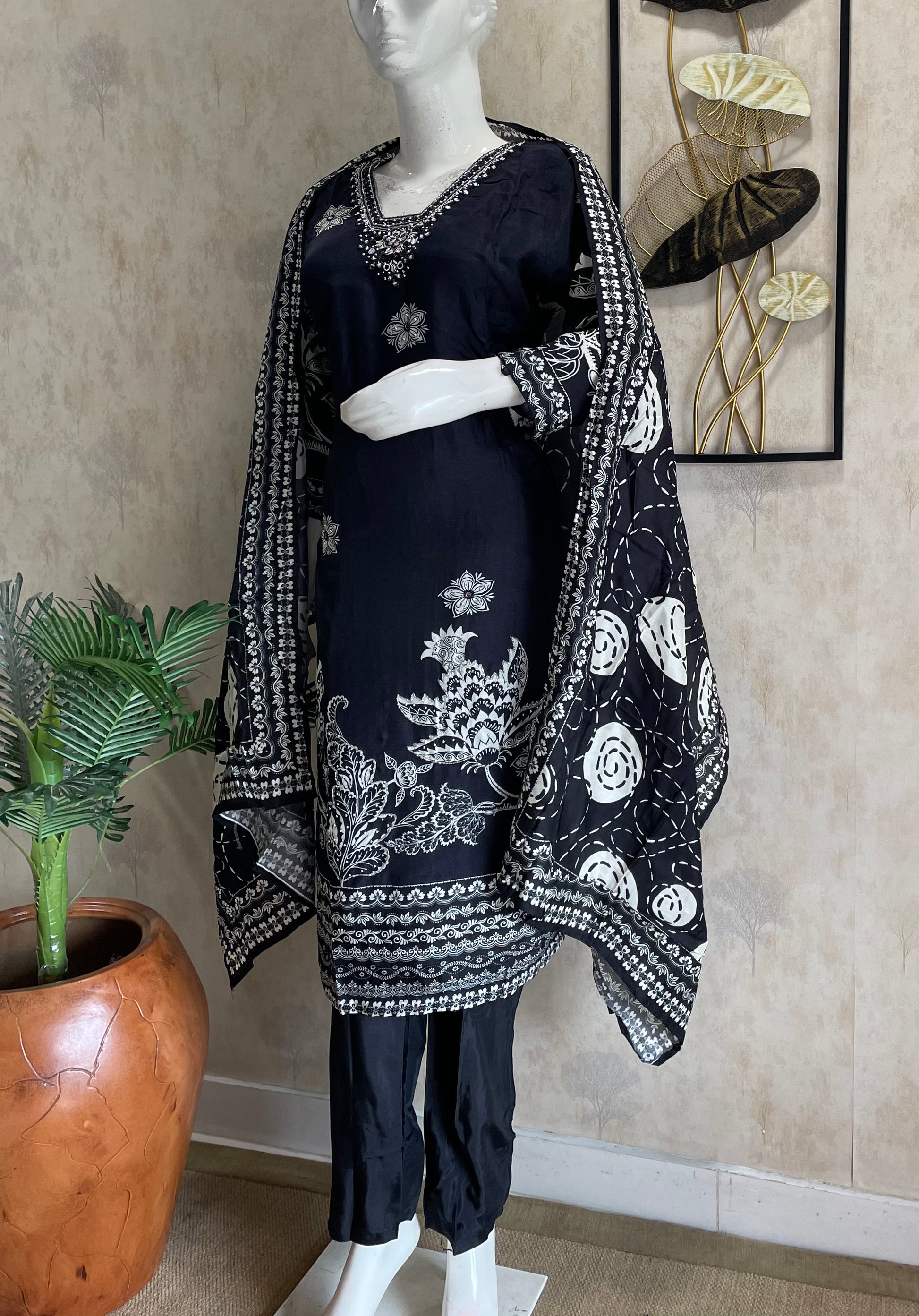 RaasRa Midnight Bloom — Black Silk Kurta Set with Handwork & Dupatta — view 2