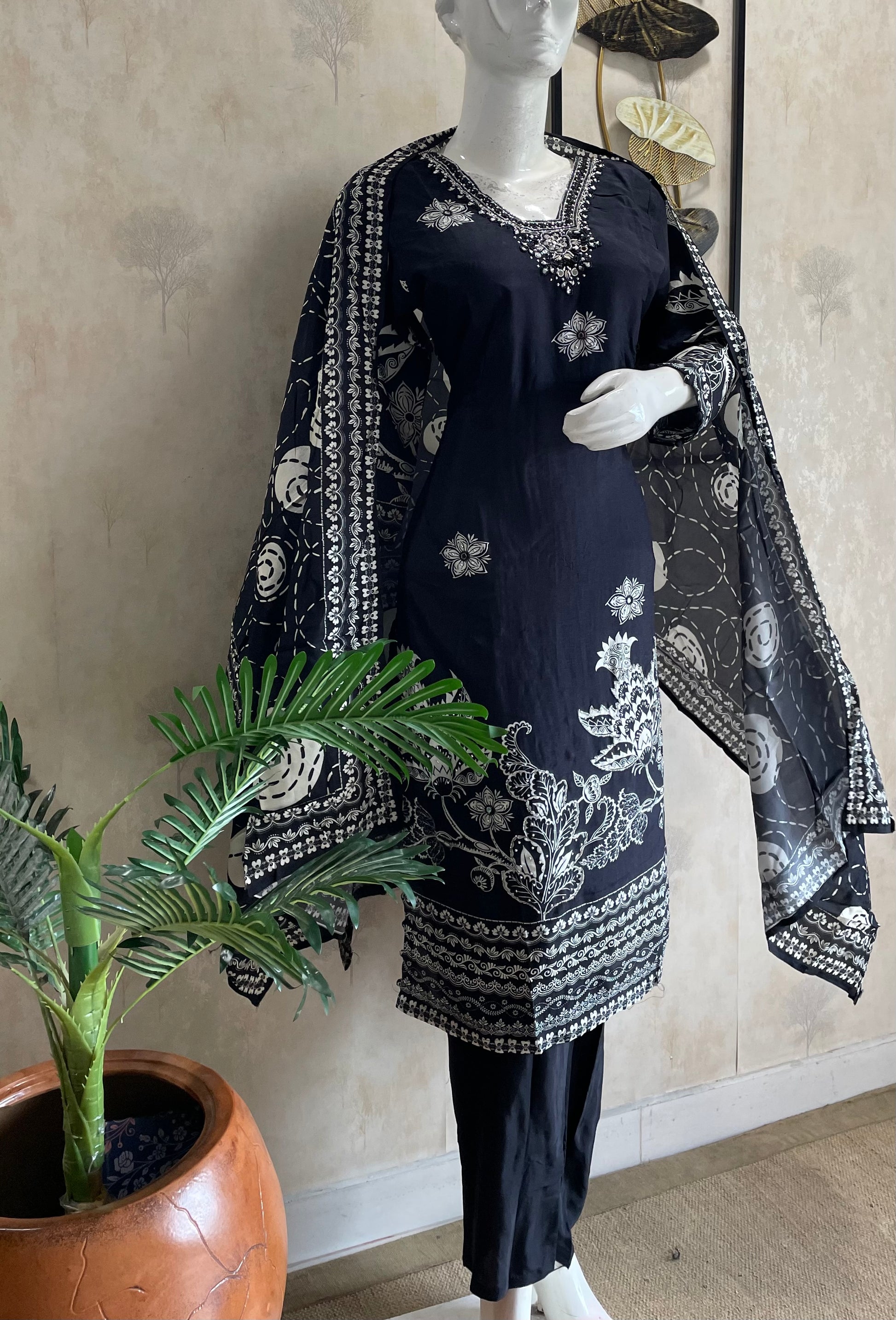 RaasRa Midnight Bloom — Black Silk Kurta Set with Handwork & Dupatta — view 3