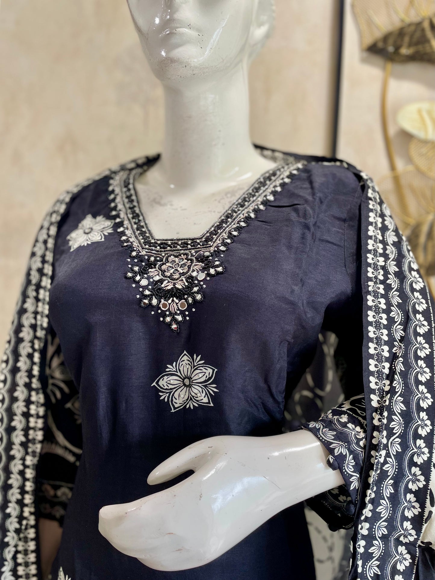 RaasRa Midnight Bloom — Black Silk Kurta Set with Handwork & Dupatta — view 4