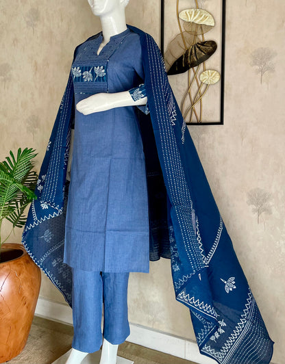 RaasRa blue dabbu handblock cotton kurta set with dupatta and pants