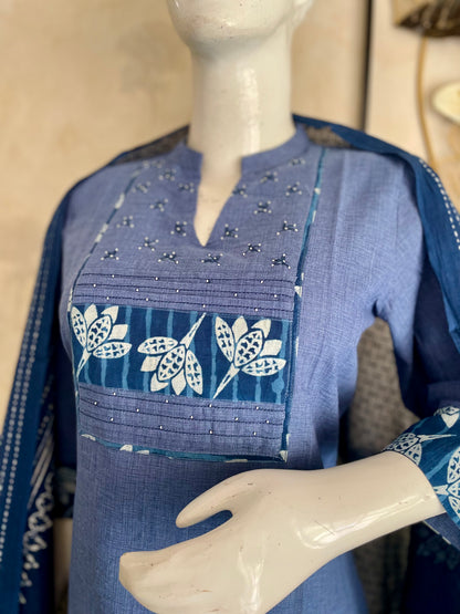 RaasRa Indigo Calm, Handcrafted Soul — Blue Dabbu Handblock Cotton Kurta Set — view 3
