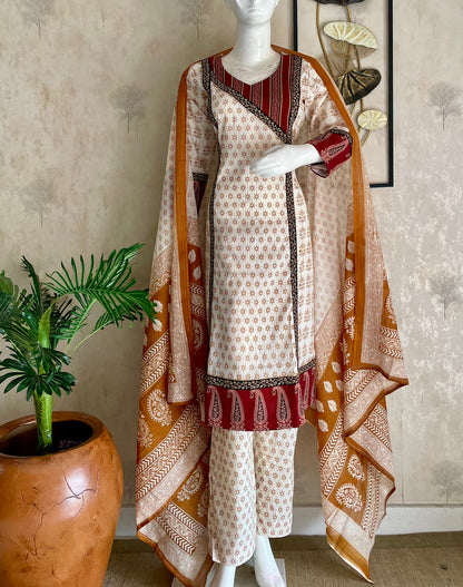 Bagh Blooms in Oak — Handblock Cotton Kurta Set with Dupatta
