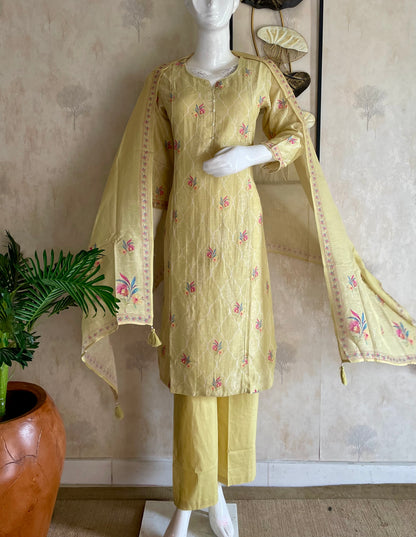RaasRa yellow cotton silk printed kurta set with dupatta and plain pants