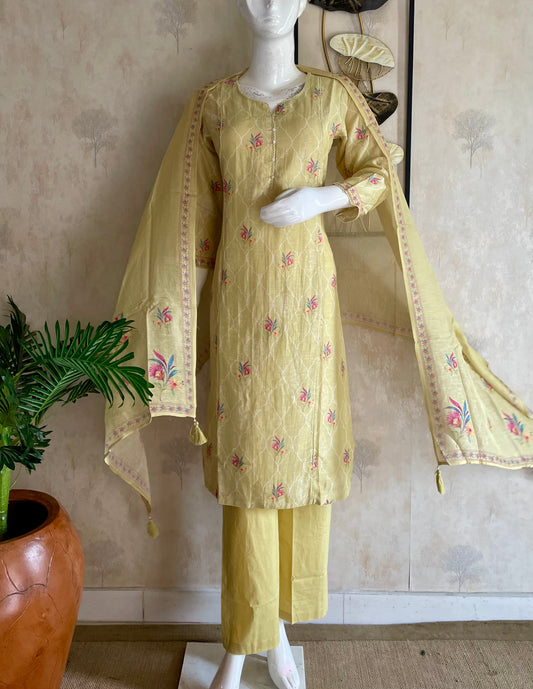 RaasRa yellow cotton silk printed kurta set with dupatta and plain pants