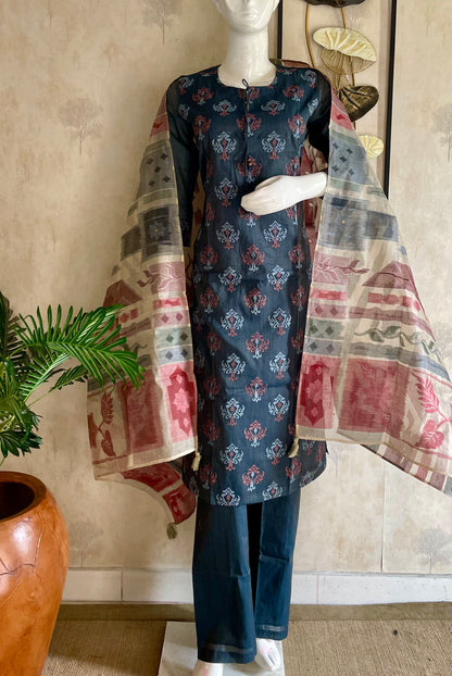 Midnight Garden in Grey — Chanderi Silk Kurta Set with Printed Dupatta
