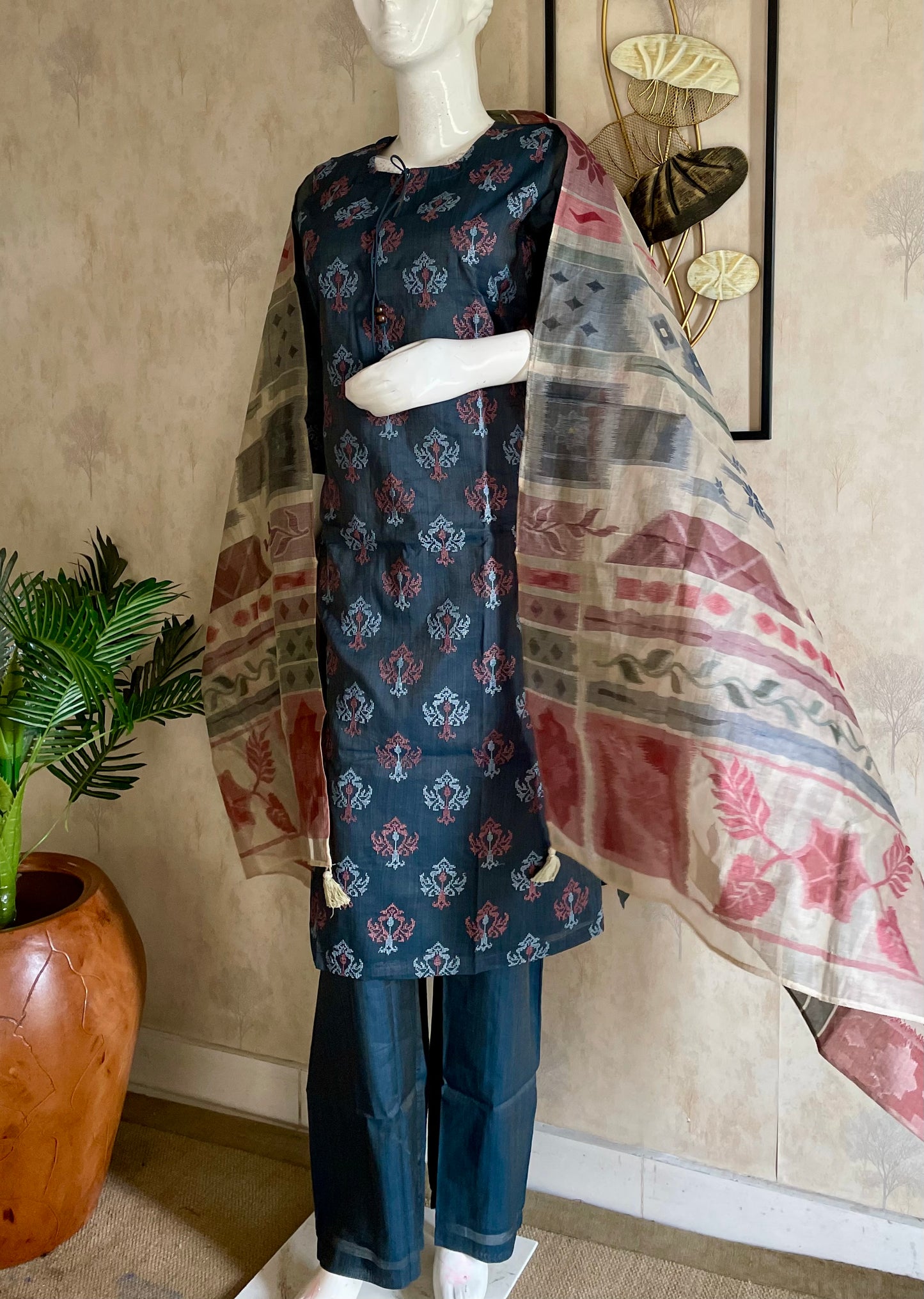 RaasRa grey Chanderi Silk printed kurta set with dupatta and plain pant