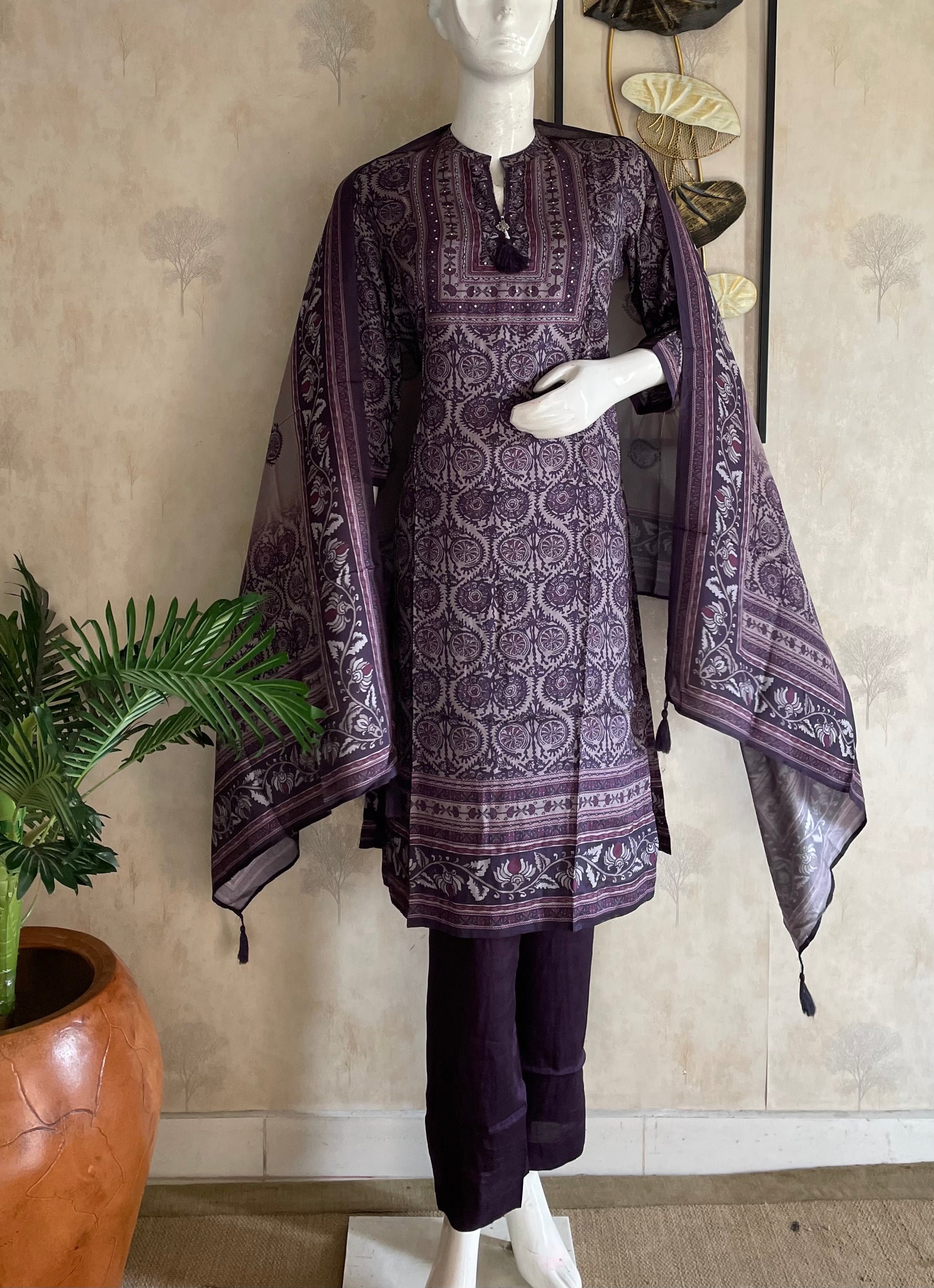 RaasRa purple printed silk kurta set with dupatta and plain pant