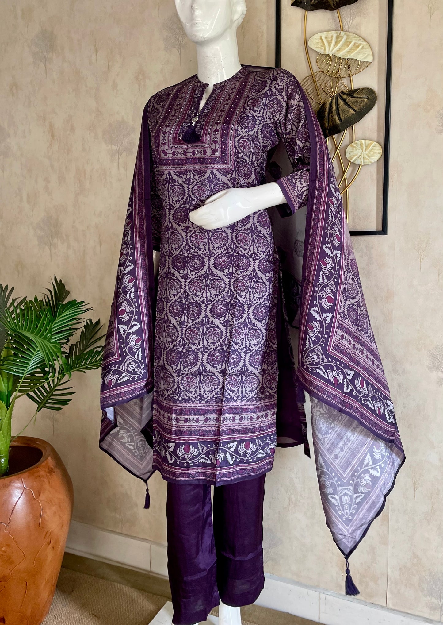 RaasRa Dusk in Full Bloom — Purple Printed Silk Kurta Set — view 2