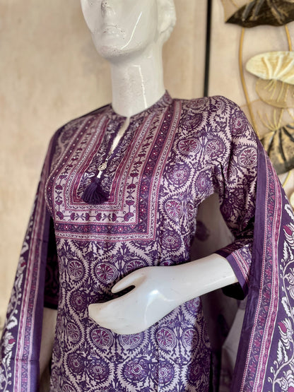 RaasRa Dusk in Full Bloom — Purple Printed Silk Kurta Set — view 4